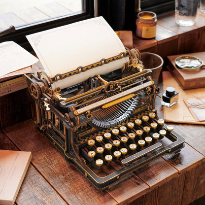 vintage typewriter 3d wooden puzzle on writing desk home office decor, working mechanical model kit for adults gift