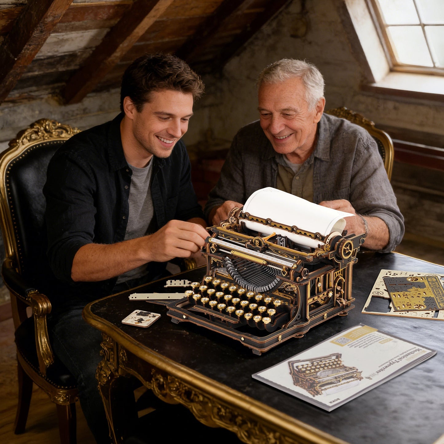 wooden typewriter model kit built together, mechanical 3d puzzle adult hobby gift, vintage working typewriter for writers
