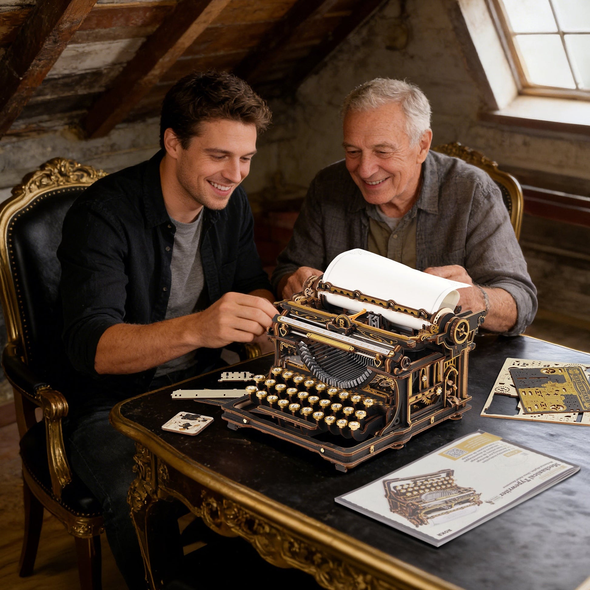 wooden typewriter model kit built together, mechanical 3d puzzle adult hobby gift, vintage working typewriter for writers