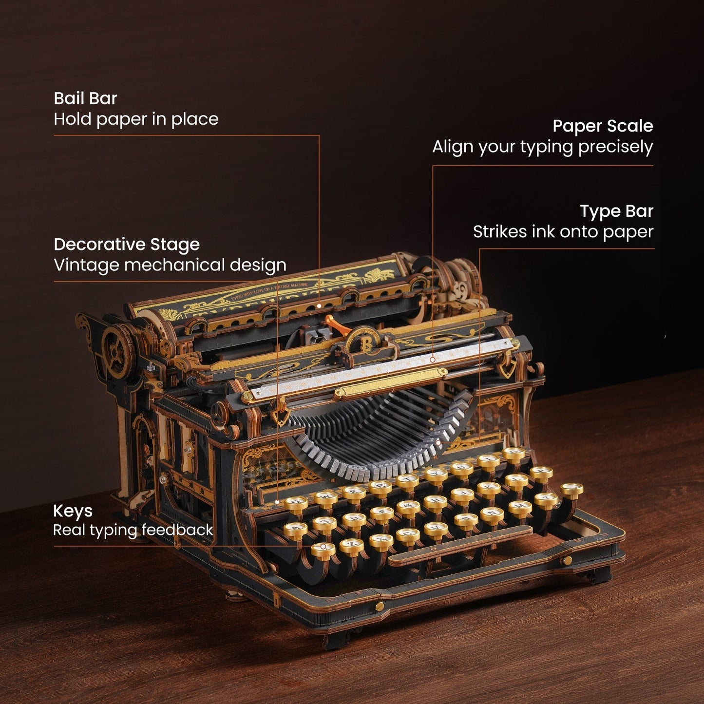 working mechanical typewriter wooden puzzle feature callouts bail bar paper scale type bar, 3d model kit desk decor