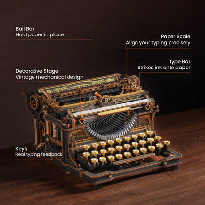 working mechanical typewriter wooden puzzle feature callouts bail bar paper scale type bar, 3d model kit desk decor