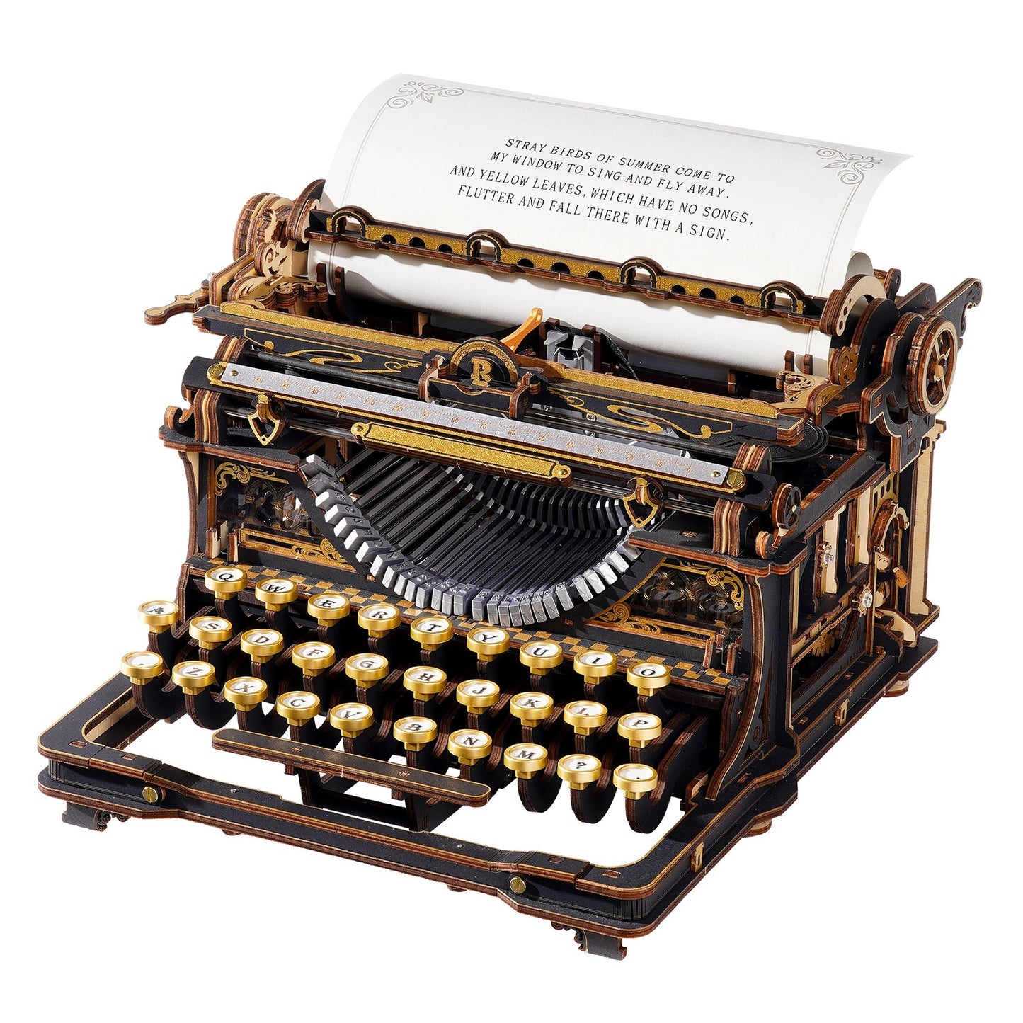 3d wooden typewriter puzzle kit for adults, working vintage mechanical model with black gold finish, writer gift decor