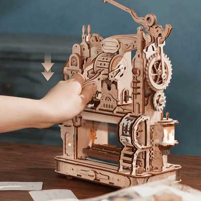 wooden printing press model that really prints custom cards and journal pages with wax inking and led lights
