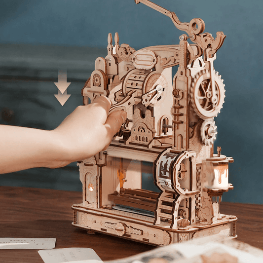 wooden printing press model that really prints custom cards and journal pages with wax inking and led lights