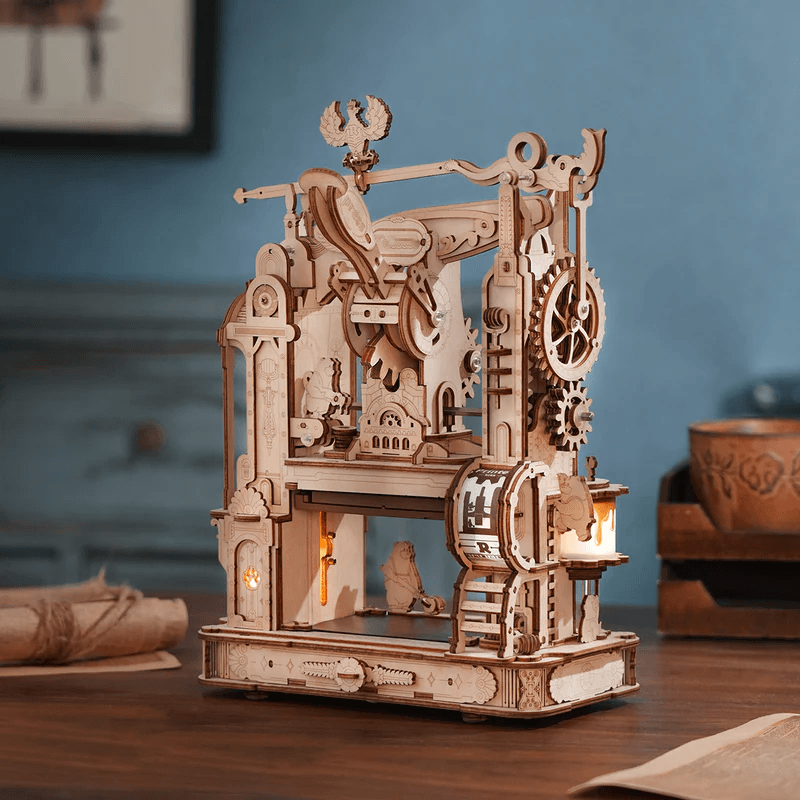 steampunk letterpress desk decor kit with visible wooden gears and 45 degree handle for mechanical model fans