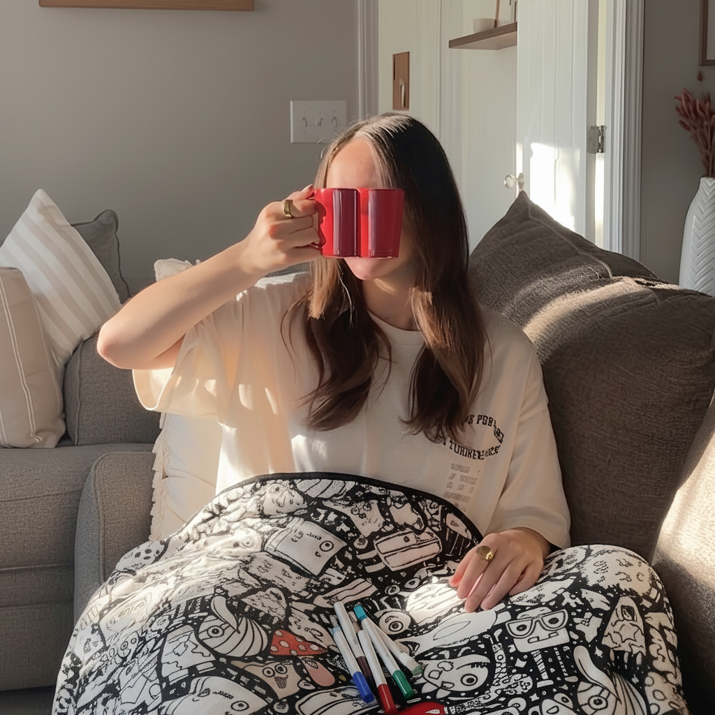 relaxing under a diy coloring blanket on the sofa with markers, cozy craft kit for adults, Doodle Monsters