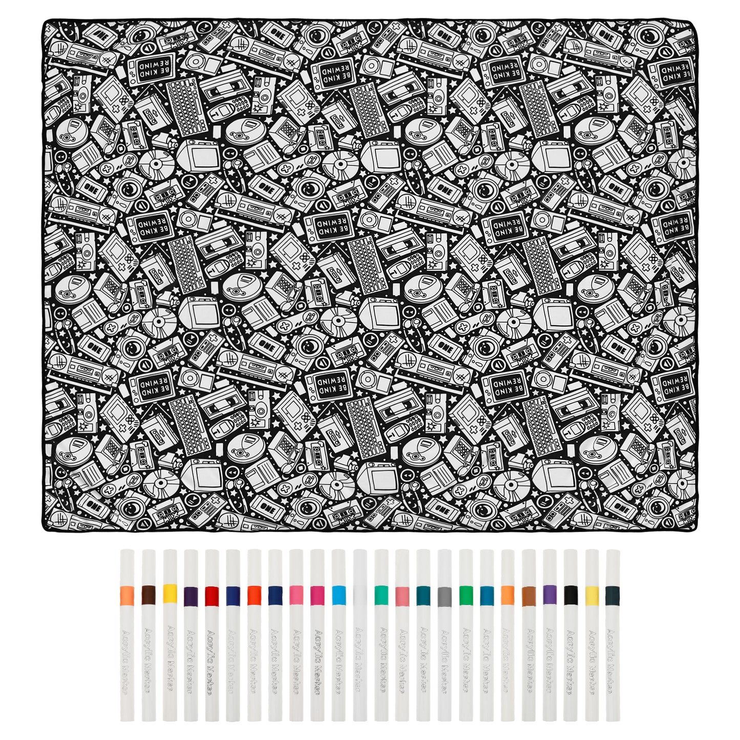 coloring blanket cassette tape game console doodle print with 24 marker set nostalgic gift, Retro Tech
