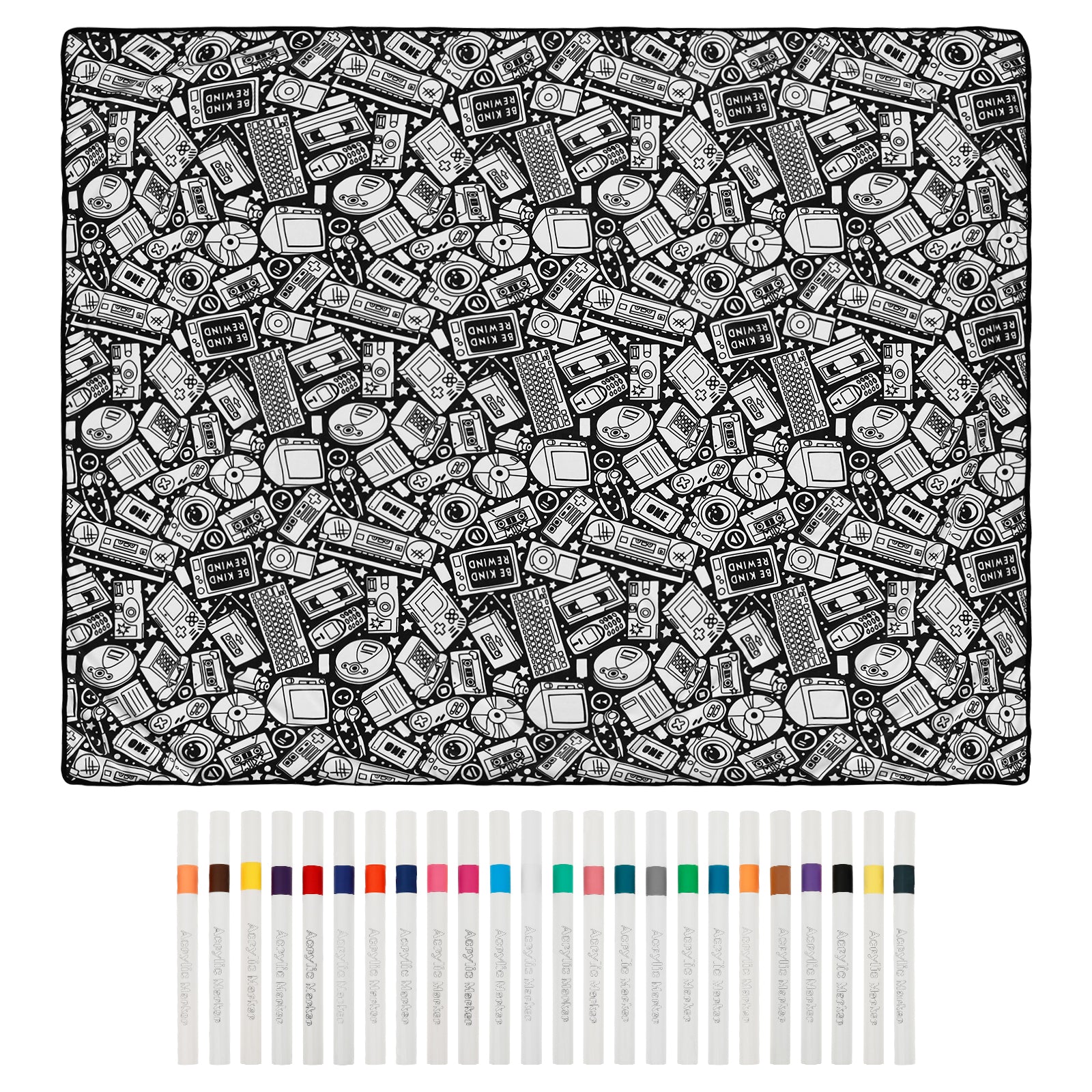 coloring blanket cassette tape game console doodle print with 24 marker set nostalgic gift, Retro Tech