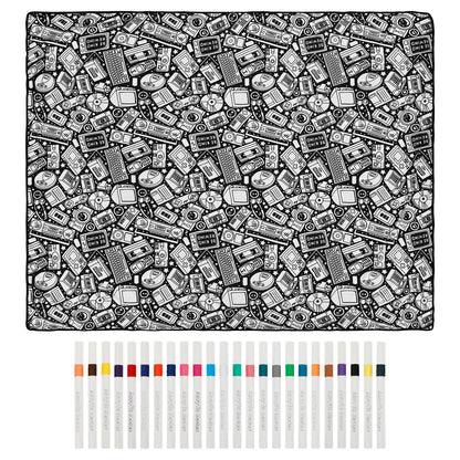 coloring blanket cassette tape game console doodle print with 24 marker set nostalgic gift, Retro Tech
