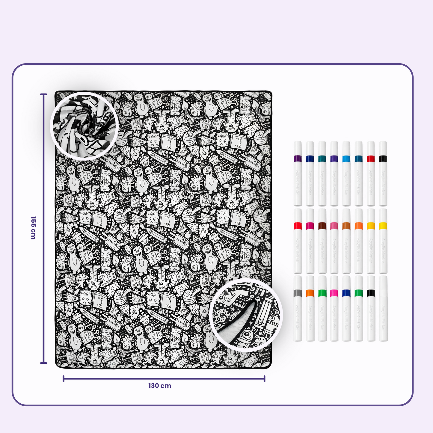 coloring blanket with 24 acrylic markers laid out size guide colour in velvet throw, Fruits, Doodle Monsters, Retro Tech