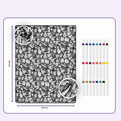 coloring blanket with 24 acrylic markers laid out size guide colour in velvet throw, Fruits, Doodle Monsters, Retro Tech
