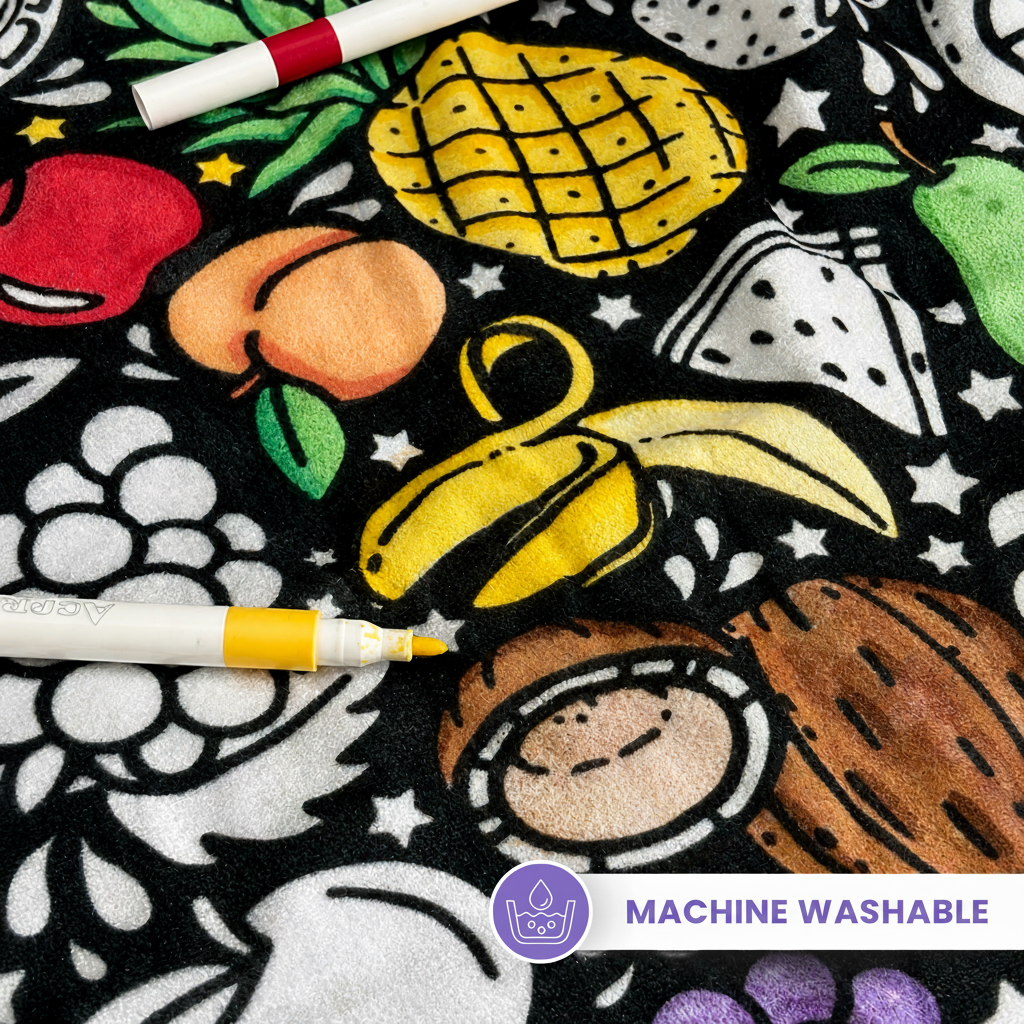 close up of coloured in fruit line art on soft velvet machine washable colour in blanket, Fruits, Doodle Monsters, Retro Tech