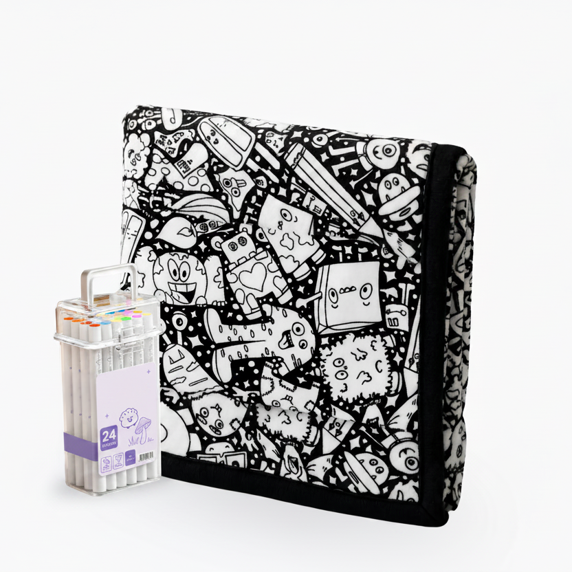 folded coloring blanket with a 24 marker carry case, craft kit gift for kids and adults, Doodle Monsters