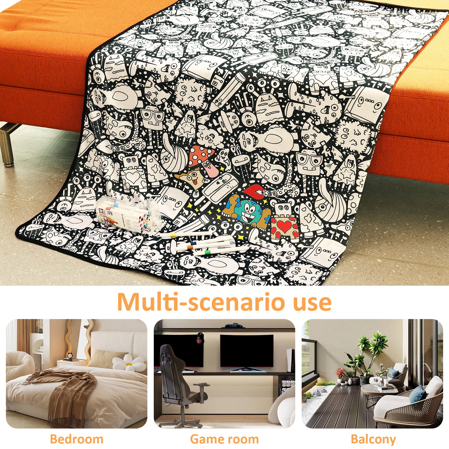 coloring blanket used in the bedroom games room and balcony cozy colour in velvet throw, Doodle Monsters