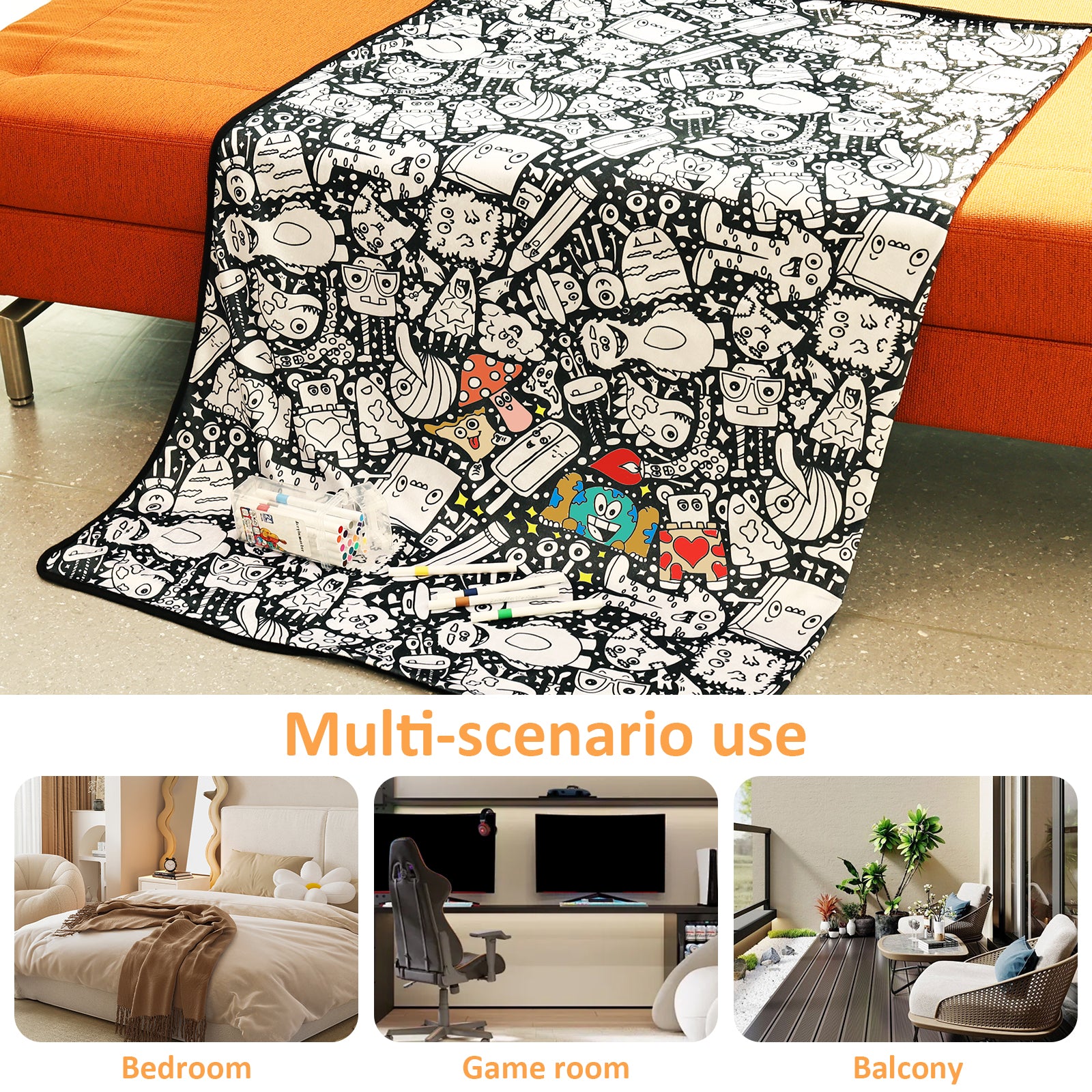coloring blanket used in the bedroom games room and balcony cozy colour in velvet throw, Doodle Monsters