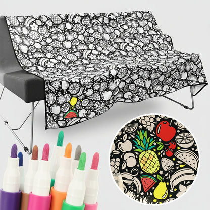 coloring blanket draped over a chair with fruit line art and marker set colour in velvet throw gift, Fruits