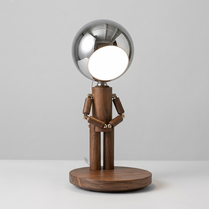 cordless wooden robot table lamp in black walnut with touch dimmer and a mirror finish metal lamp head, Brown