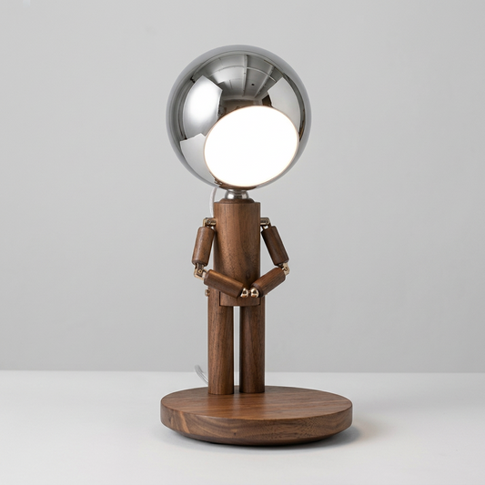 cordless wooden robot table lamp in black walnut with touch dimmer and a mirror finish metal lamp head, Brown