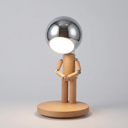 rechargeable wooden robot table lamp in beech wood with touch control and a rotating LED lamp head, Tan
