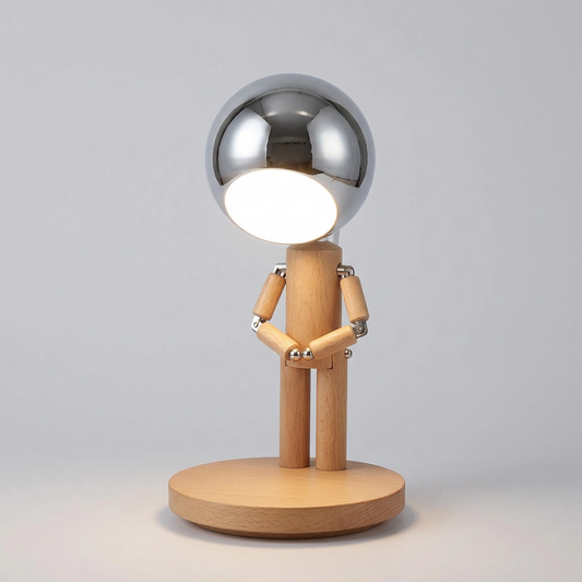 rechargeable wooden robot table lamp in beech wood with touch control and a rotating LED lamp head, Tan