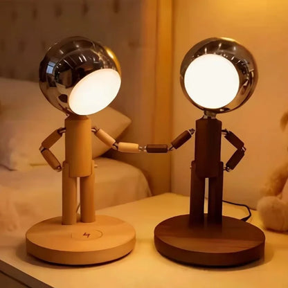 wooden bedside lamps for bedroom in walnut and beech, cordless touch dimmer robot lamp pair with warm light, Brown, Tan