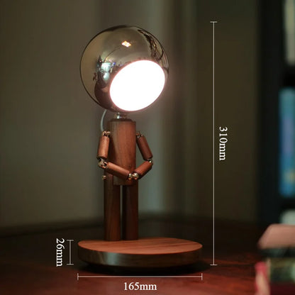 wooden table lamp dimensions 31 cm tall with a 16.5 cm base, cordless rechargeable robot bedside lamp, Brown