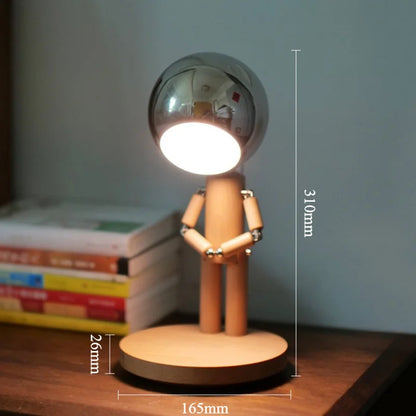small cordless table lamp size guide, 12 inch wooden robot desk lamp with a 6.5 inch base for a bedside table, Tan