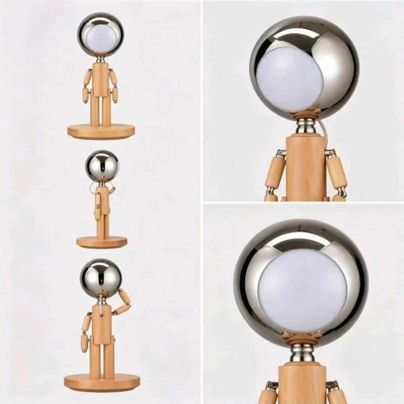 poseable wooden figure lamp with bendable jointed arms, dimmable touch lamp for bedroom with three light tones, Tan, Brown