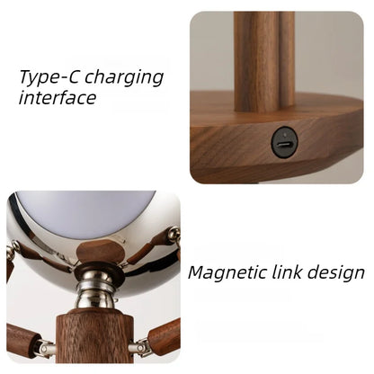 USB-C rechargeable table lamp with 5200mAh battery and magnetic lamp head, battery operated wooden lamp, Brown, Tan