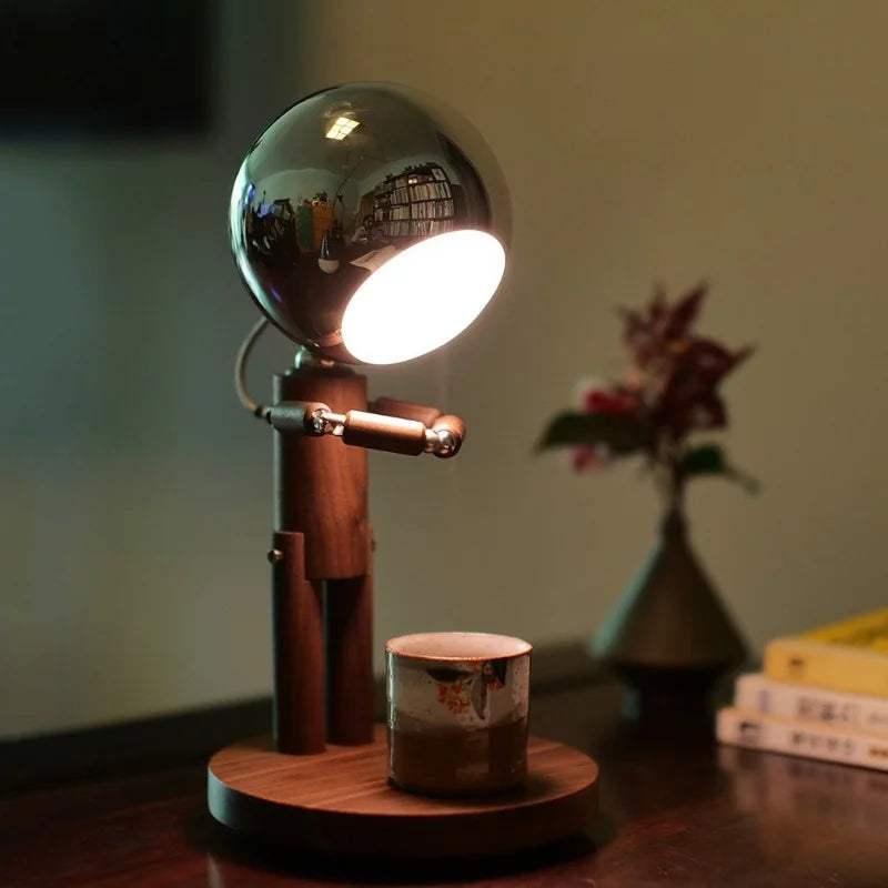 black walnut wooden desk lamp for home office, cordless mood lamp for living room side table and gift for him, Brown