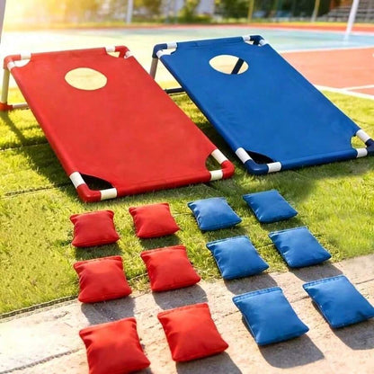 cornhole toss boards set with 6 bean bags for backyard family games and tailgate parties, portable lawn game for kids and adults, 2 Boards (Red + Blue)