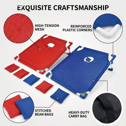 cornhole set with high tension mesh reinforced corners stitched bean bags and heavy duty carry bag for travel, 2 Boards (Red + Blue)