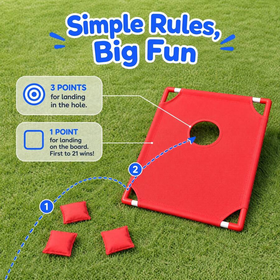 cornhole scoring guide 3 points in the hole 1 point on the board, first to 21 bag toss game for family fun, Red Board, 2 Boards (Red + Blue)