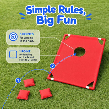cornhole scoring guide 3 points in the hole 1 point on the board, first to 21 bag toss game for family fun, Red Board, 2 Boards (Red + Blue)