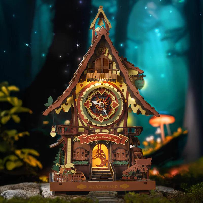 led cuckoo clock wooden model kit glowing forest cottage night light for shelf and living room decor, Colorful