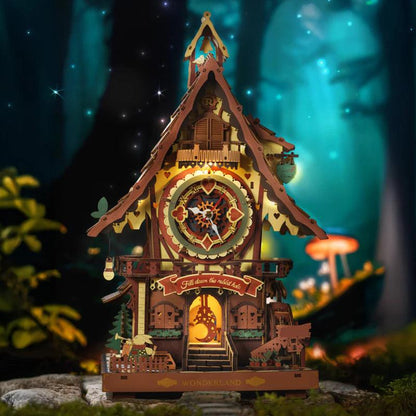 led cuckoo clock wooden model kit glowing forest cottage night light for shelf and living room decor, Colorful