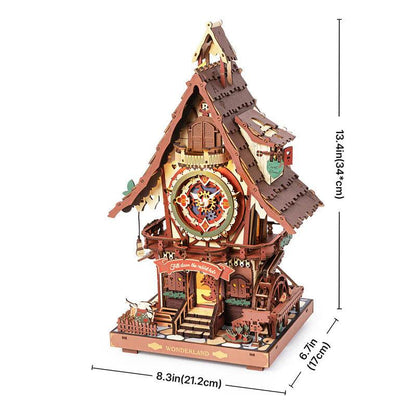 cuckoo clock puzzle kit assembled size 21 by 17 by 34 cm desk and wall shelf timepiece for home office, Colorful, Wood