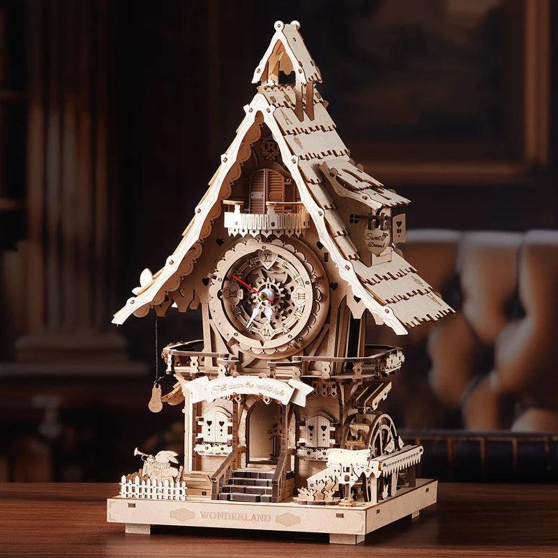 natural wood cuckoo clock 3d puzzle kit unpainted plywood timepiece build for adults and teens, Wood