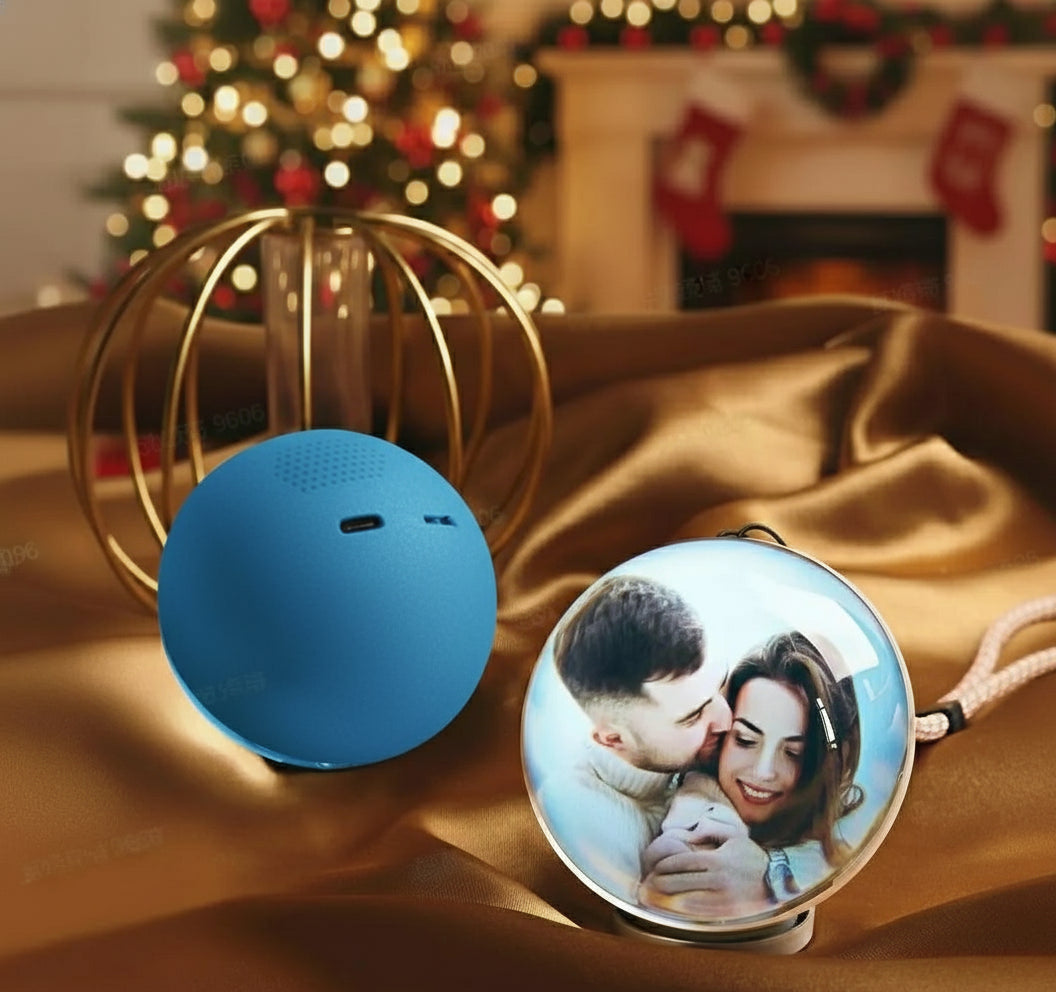 Custom video crystal ball memory orb with LED light base displaying 3D photos and videos