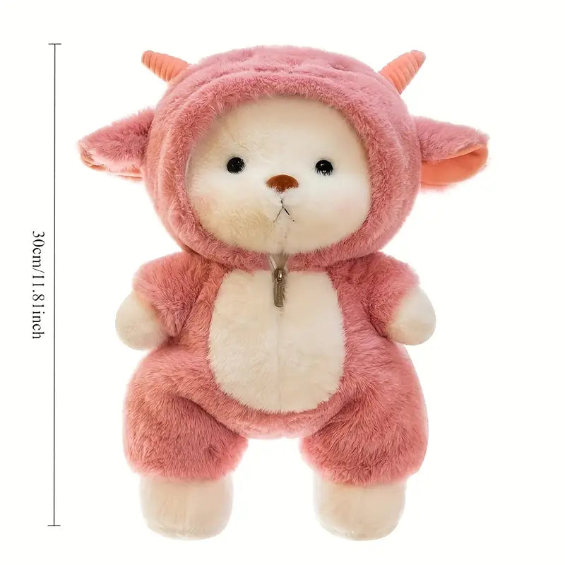 Plush toy in a pink costume with measurements on a white background