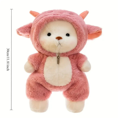 Plush toy in a pink costume with measurements on a white background
