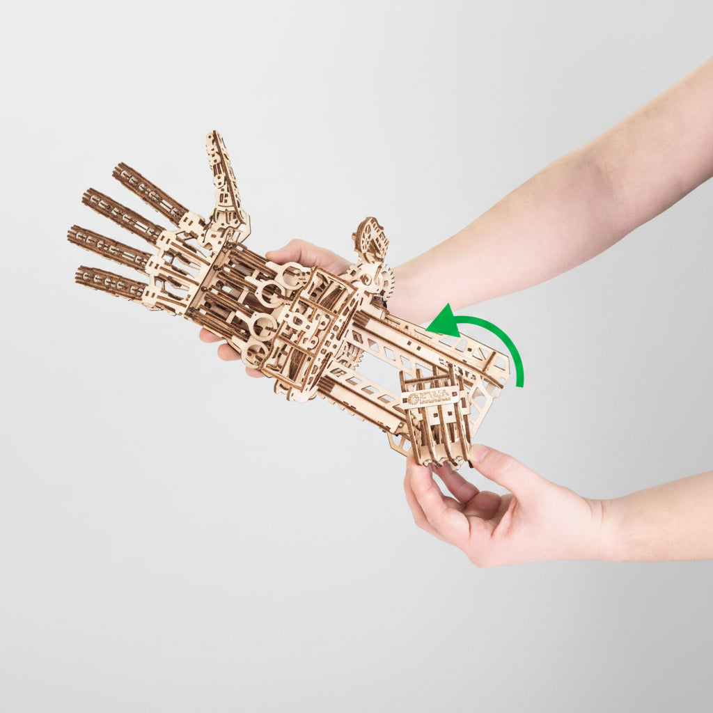 wooden robot hand mechanical gauntlet close up 3d wooden puzzle for adults articulated fingers DIY bionic model kit