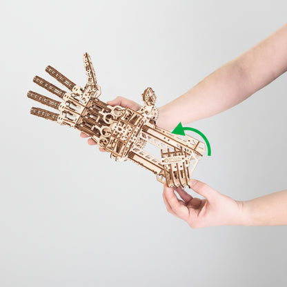 wooden robot hand mechanical gauntlet close up 3d wooden puzzle for adults articulated fingers DIY bionic model kit