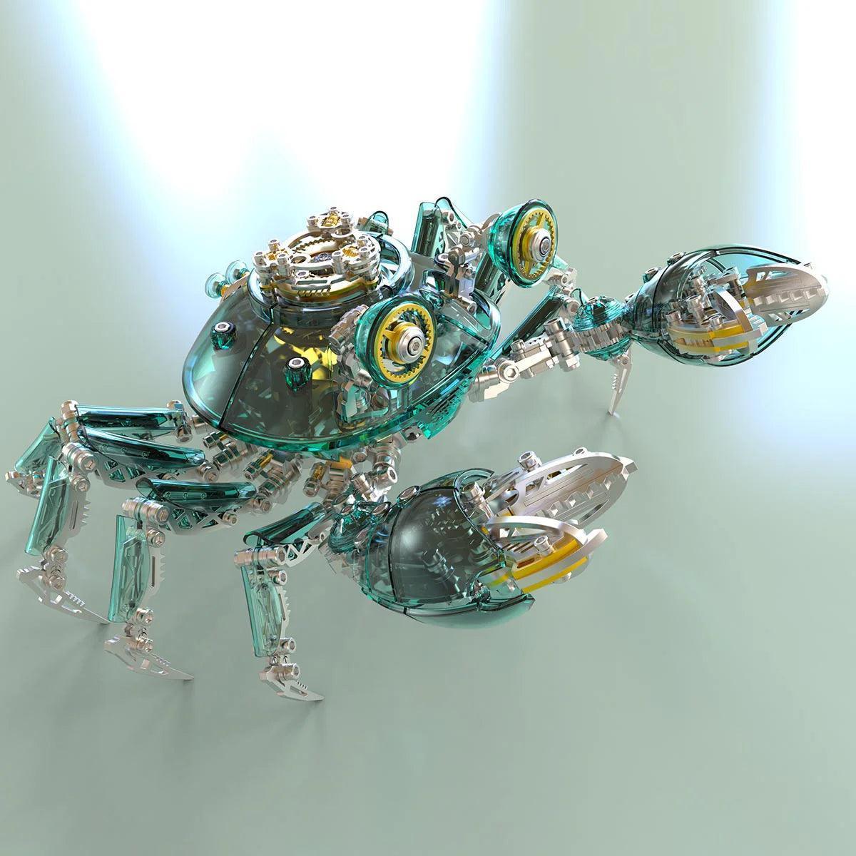assembled mechanical crab model with jointed legs and grabbing pincers, sci fi desk sculpture for a study, Green