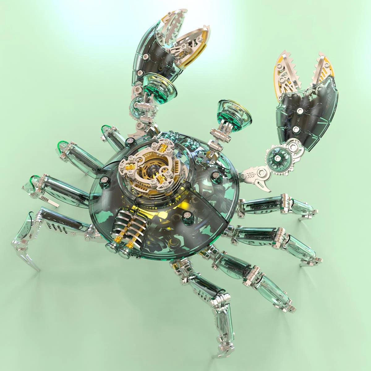 metal puzzle set for adults shown from above, articulated crab legs and brass gears in a teal finish, Green