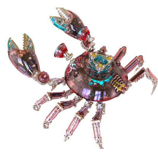 crab model kit built in 3d metal with translucent red shell, poseable claws and exposed gear mechanism, Red