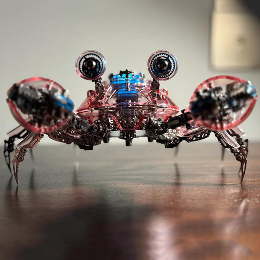mechanical crab metal puzzle standing on a desk, finished display model for adults who build model kits, Red