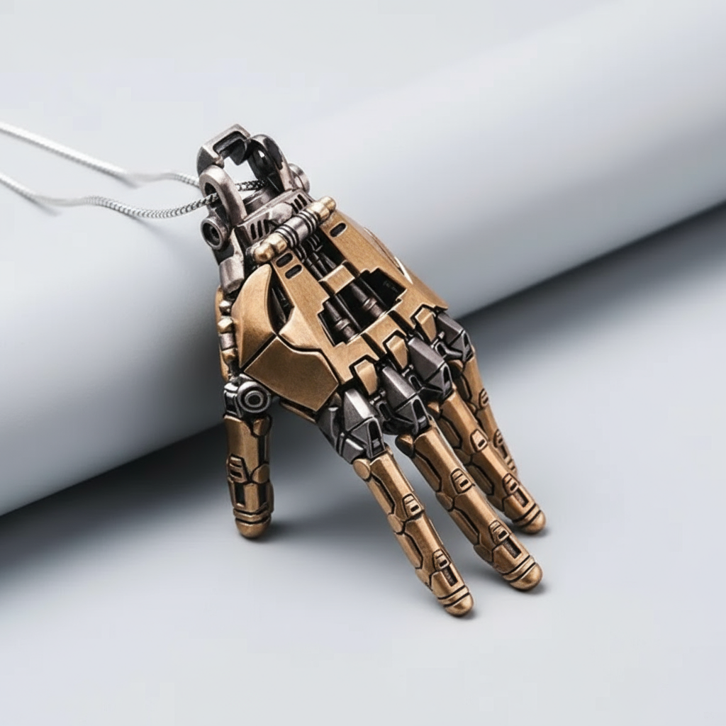 Mechanical Cybernetic Hand Pendant - Articulated Steampunk Jewelry with Movable Joints