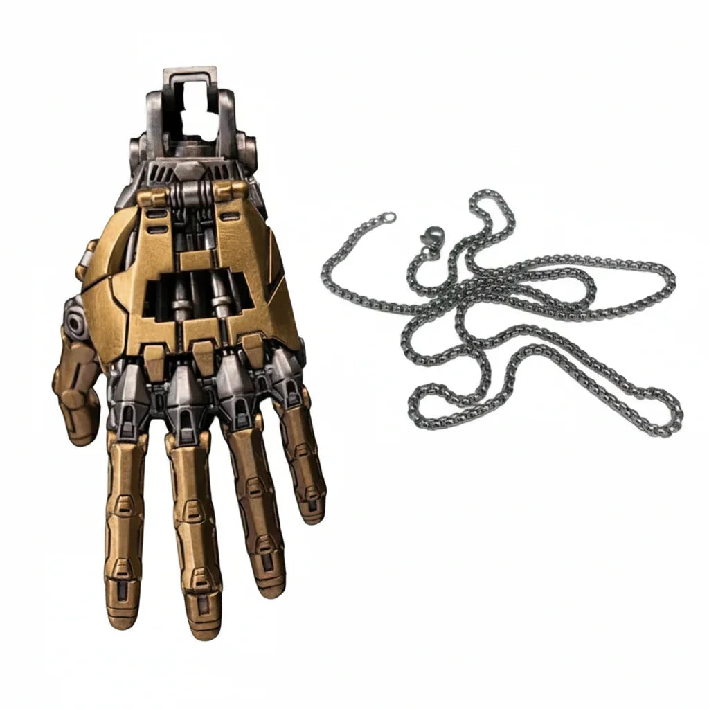 articulated steampunk pendant cybernetic hand jewelry conversation piece birthday christmas gift for makers wearable kinetic art - Gold, Silver
