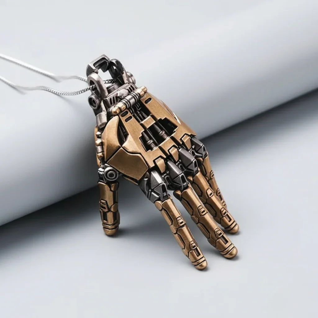 mechanical hand jewelry pendant with openable back panel revealing internal gears steampunk industrial style necklace - Gold, Silver